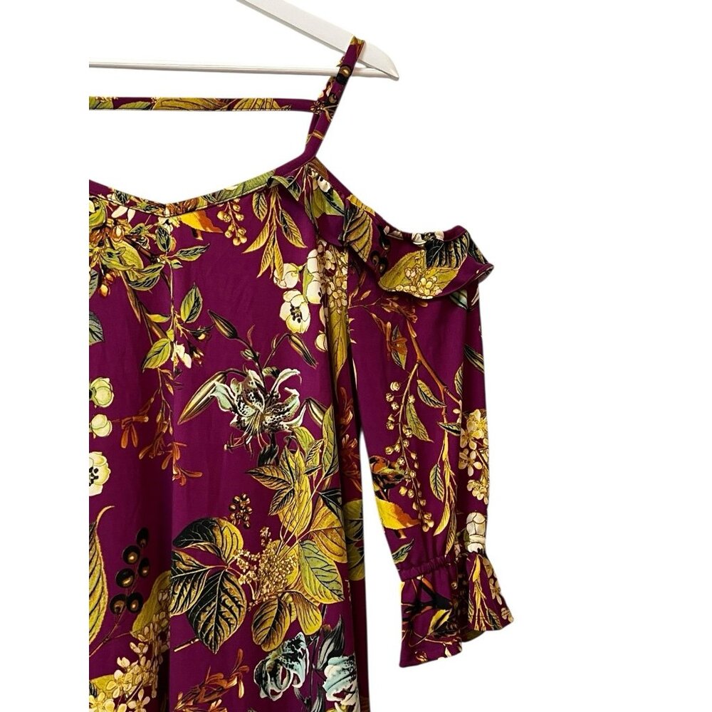 Du Jour Cold Shoulder Dress Floral Purple Raspberry Ruffle 3/4 Sleeve Size Large - Picture 12 of 16